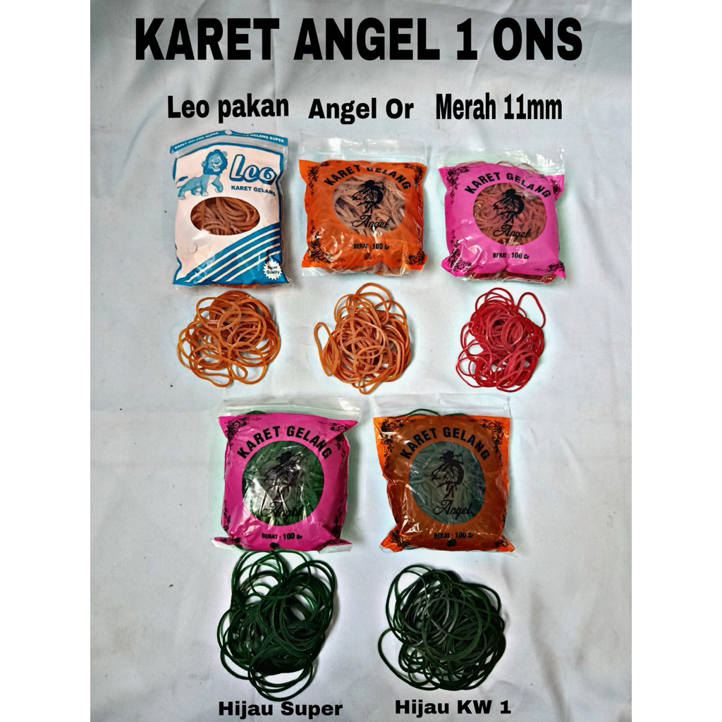 

KARET GELANG/KARET MURAH/KARET HIJAU/KARET ORANGE/KARET MERAH TERMURAH MEREK ANGEL UK 1 ONS.