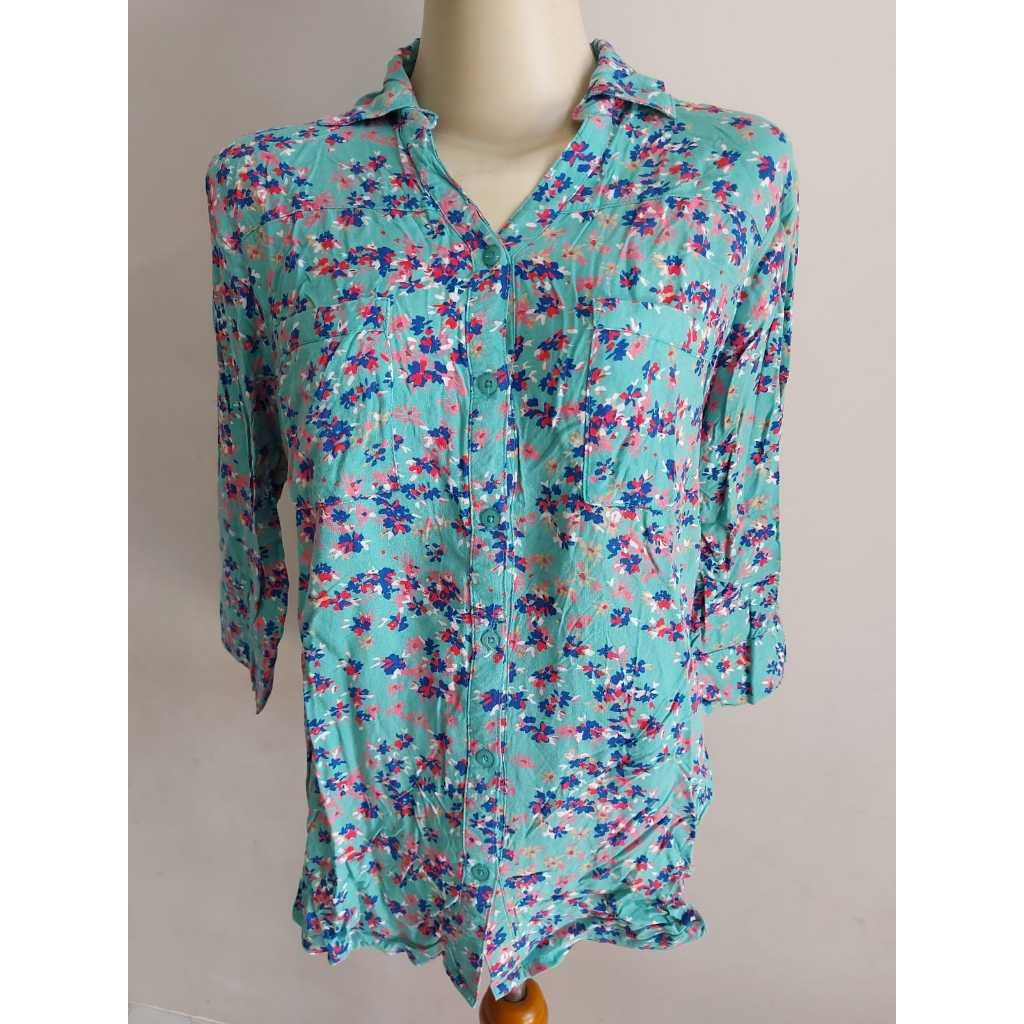 PRELOVED/PL -  KEMEJA WANITA-KEMEJA WANITA PANJANG/D3TAILS/HIJAU MOTIF