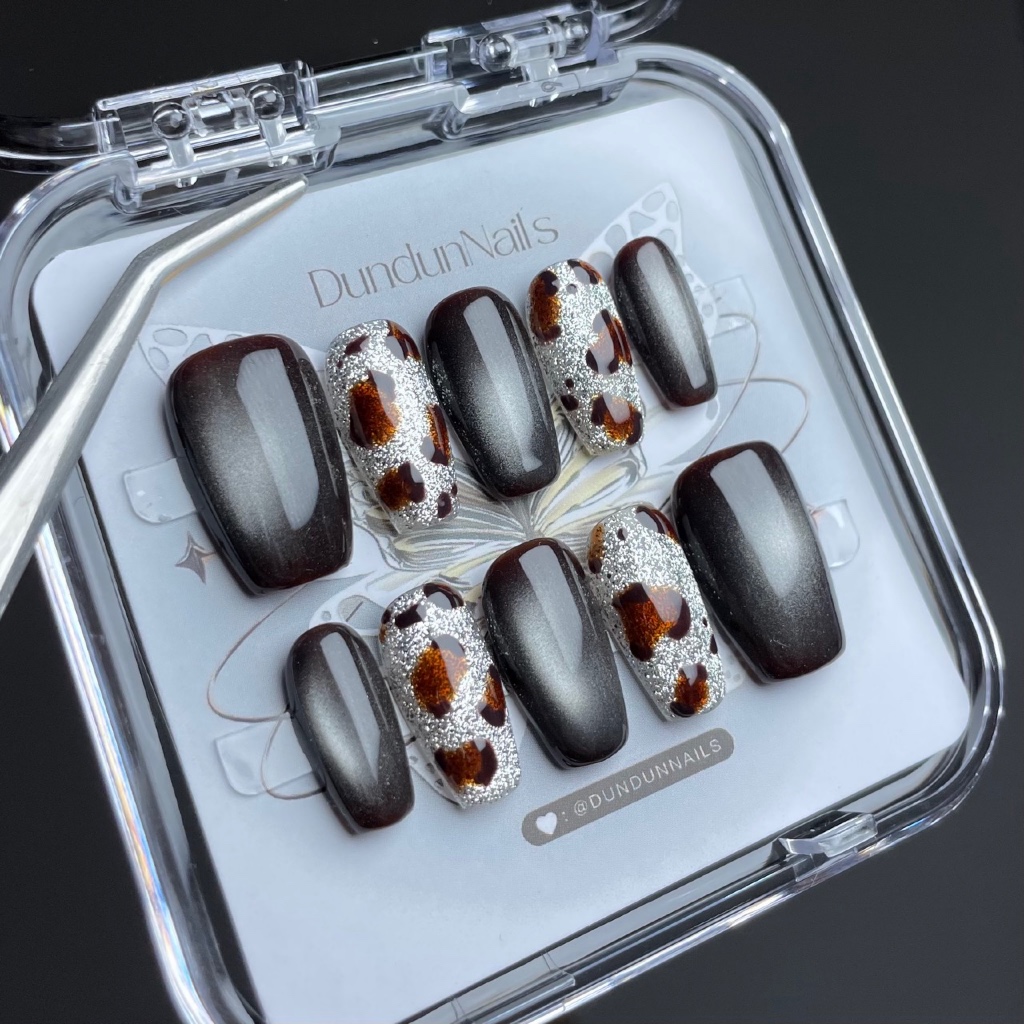 A91 Cat eye Leopard premium nails | premium custom press on nails by dundunnails