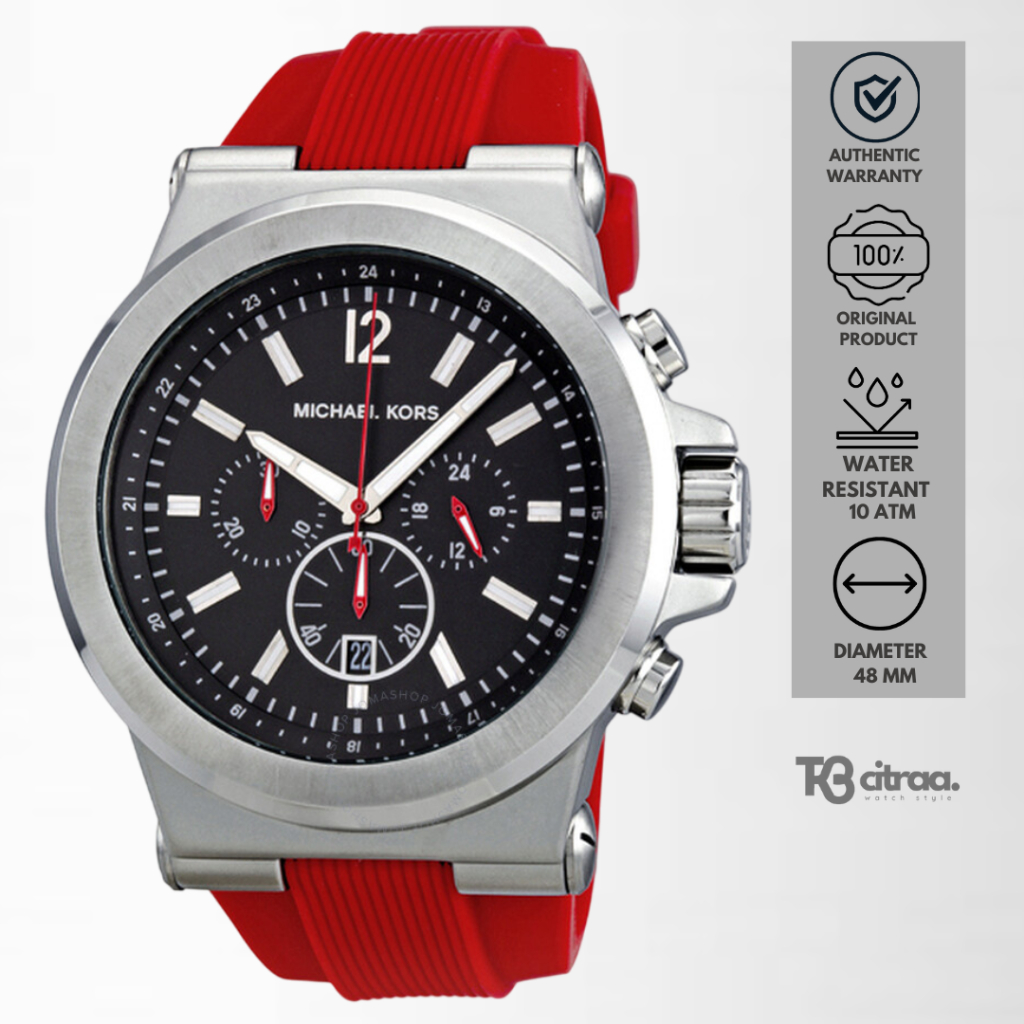 Jam Tangan Pria Michael Kors Dylan Chronograph Men Black Dial Red Rubber Strap Mewah Casual Sporty O