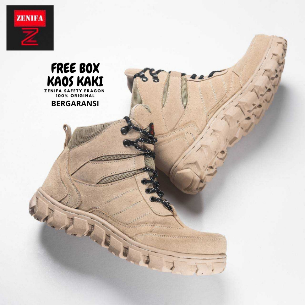 Zenifa - Sepatu Safety Pria Tactical Boots Ujung Besi Cream