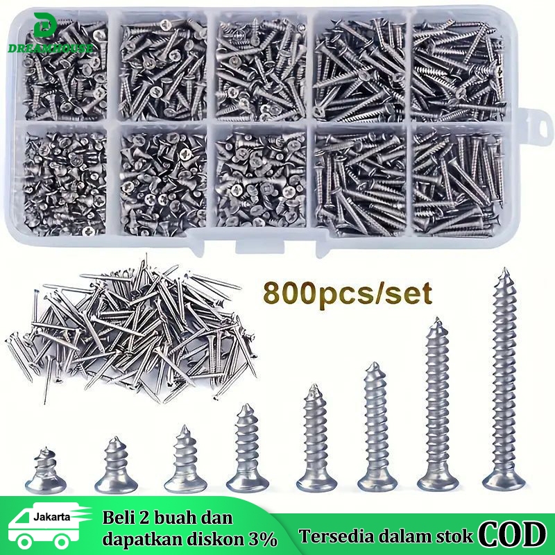 Terlarisss 800Pcs Sekrup Transistor Final Panjang 4mm-12mm Sekrup Skrup FAB Sekrup Tapping Baut
