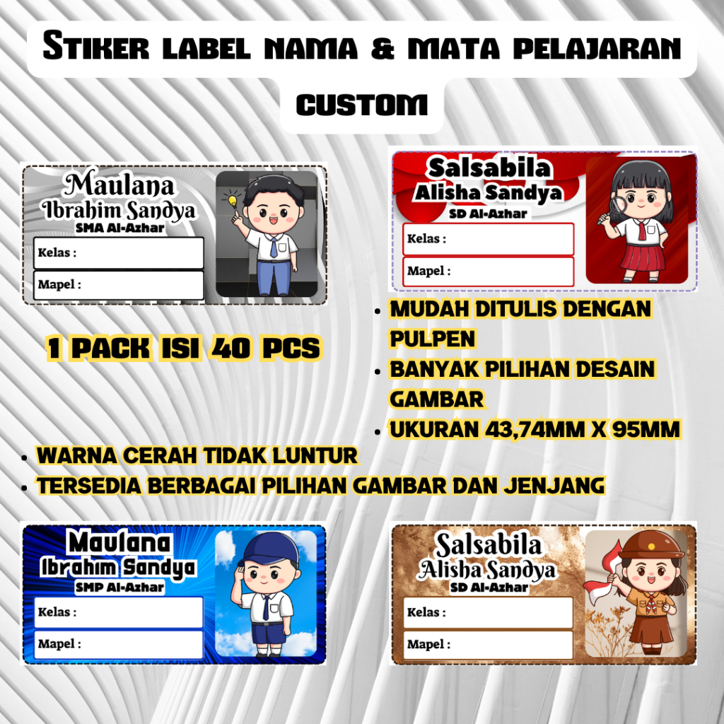 

Stiker Label/Stiker Nama/ Buku Pelajaran Custom Free Desain Isi 40 Pcs