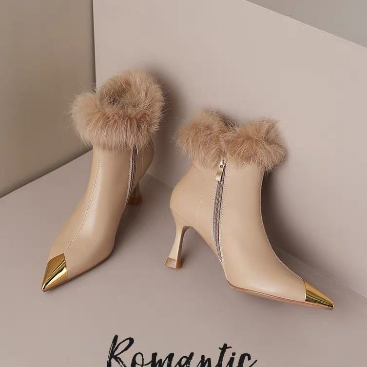 New Women's Boots Nude Ankle Boots High Heel Fluffy Shoes Temperament French Ankle Boots