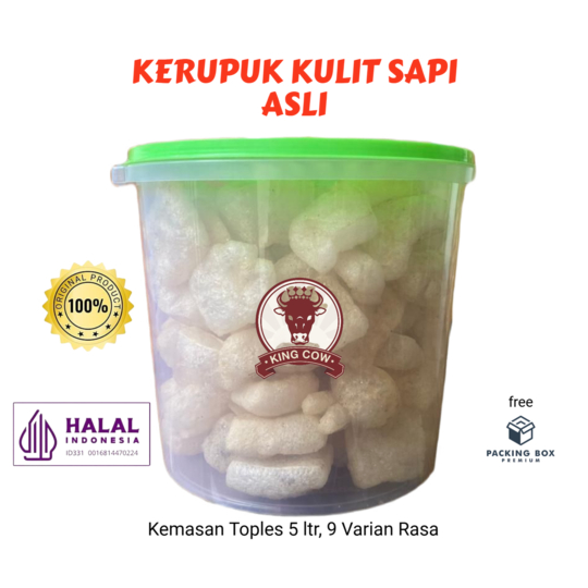 

Kerupuk Kulit sapi Kemasan Toples 5 ltr, 9 varian rasa, food halal, dorokdok Kingcow