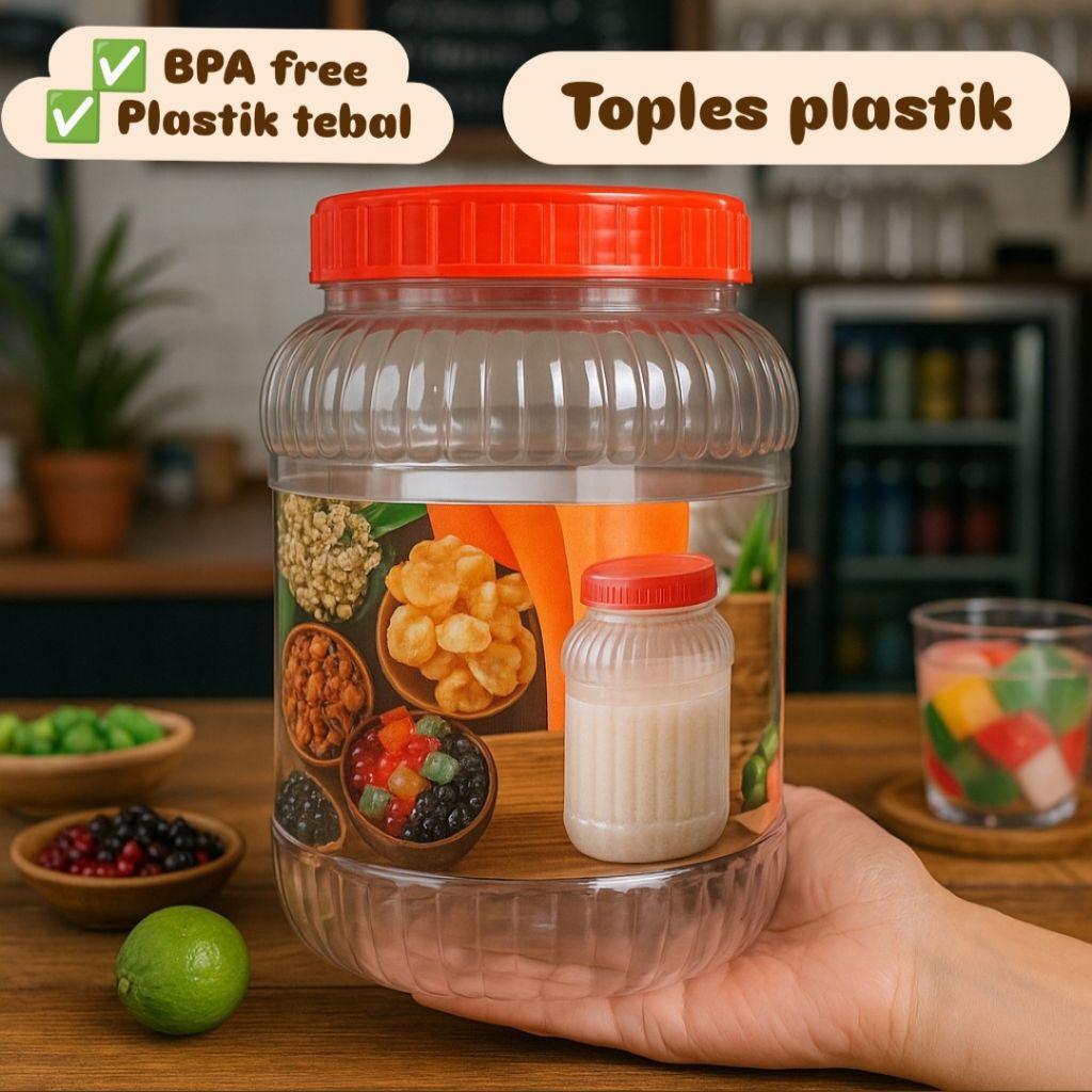 Toples plastik tabung TP5 / pet / kue kering / kerupuk / ulir tutup merah / silinder / polos / gula 