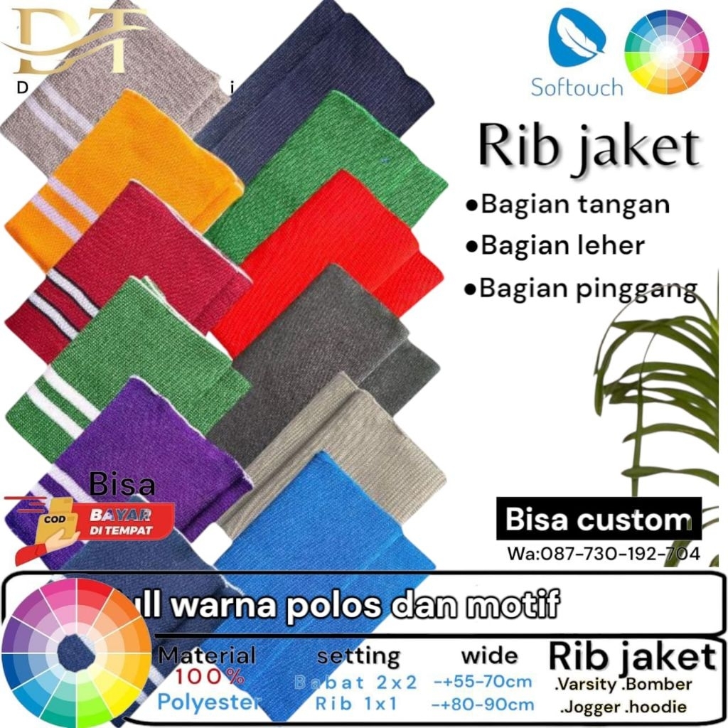 Kain Rib/Bur rajut 1x1 babat 2x2 Warna polos dan setrip rib Polyester Premium