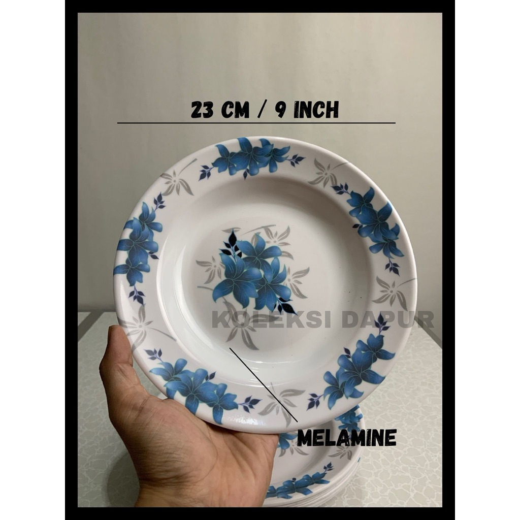 Piring Makan Bulat Motif Melamin Ukuran 23cm/ 9inch Elegan Warna Hijau Biru Tebal Tahan Lama Estetik