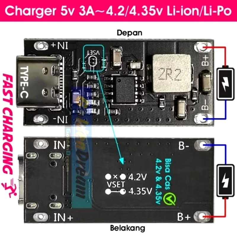 Modul Charger Fast Charging USB TYPE C 3A Polymer Lithium Baterai 18650