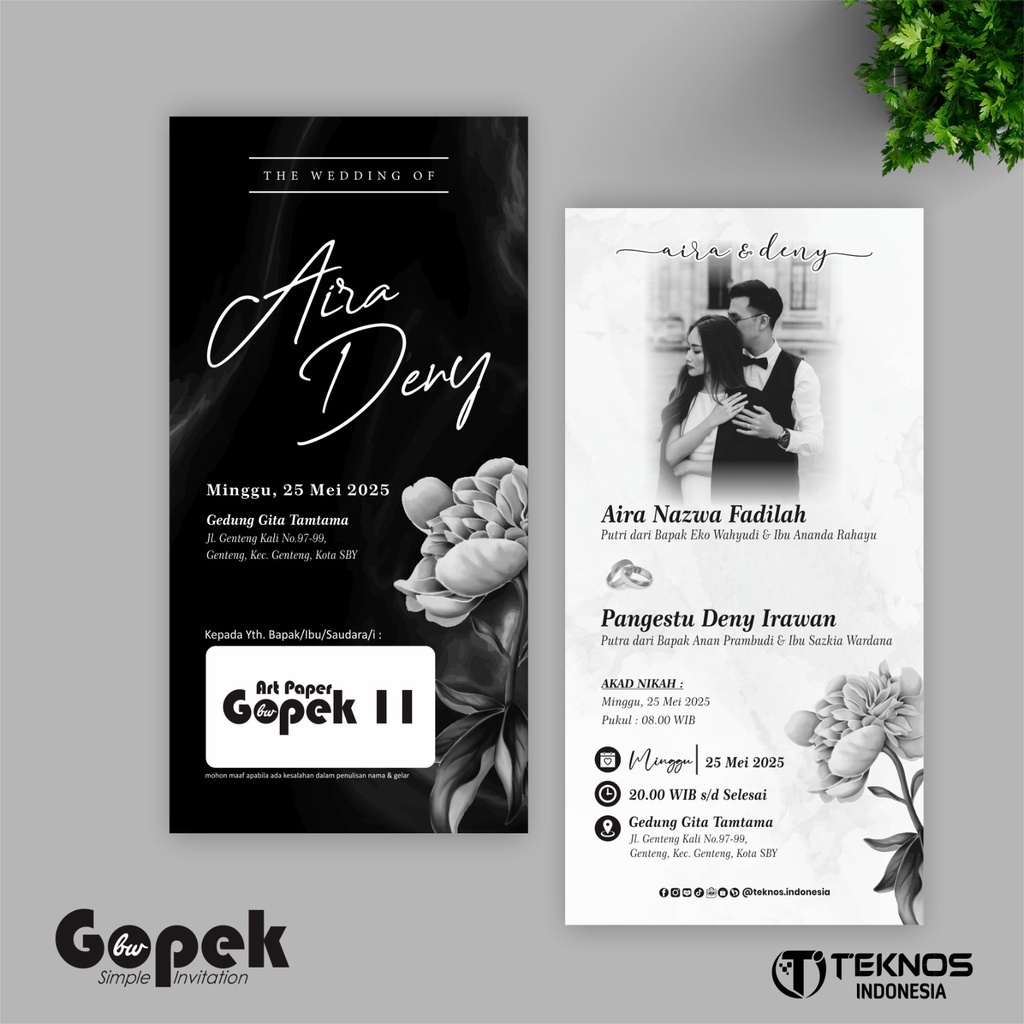UNDANGAN PERNIKAHAN CUSTOM FOTO -  UNDANGAN NIKAH SIMPLE SELEMBAR BOLAK BALIK - GOPEK BW SERI 1