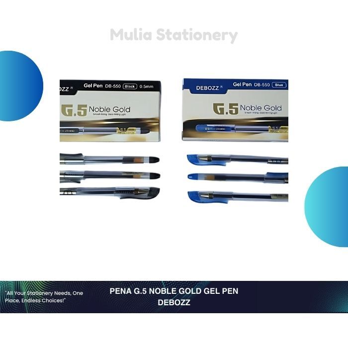 

(1 Kotak 12 pcs) Pulpen / Pena Pen Gel G-5 Noble Gold 0.5 mm Debozz | Gel Pen G-5 Noble Gold 0.5 mm Debozz | Pulpen Tinta G-5 Noble Gold Debozz | Pena Sekolah | Alat Tulis Sekolah