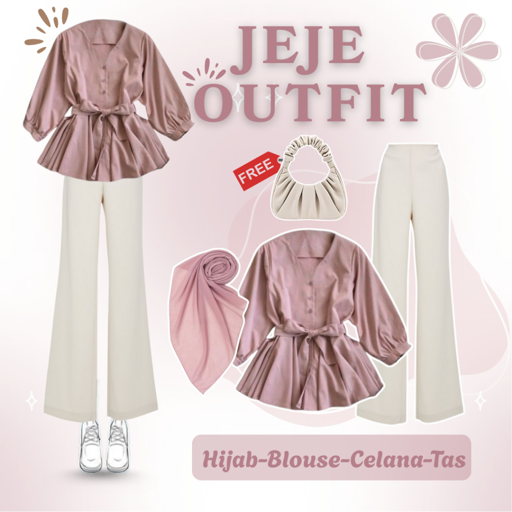 Outfit Wanita Kekinian (Blouse Melia Dusty Pink + Celana Cutbray Scuba Putih + Hijab Dusty Pink) QNL