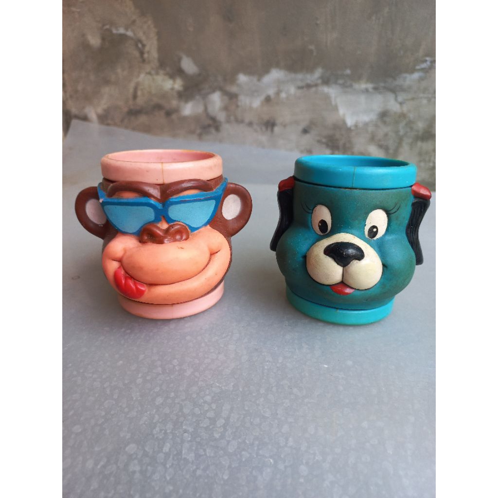 Mug set 2pc Gelas Tempat minum Monyet Monkey Animal + Blue Dog Anjing Hokben Original Hoka Bento