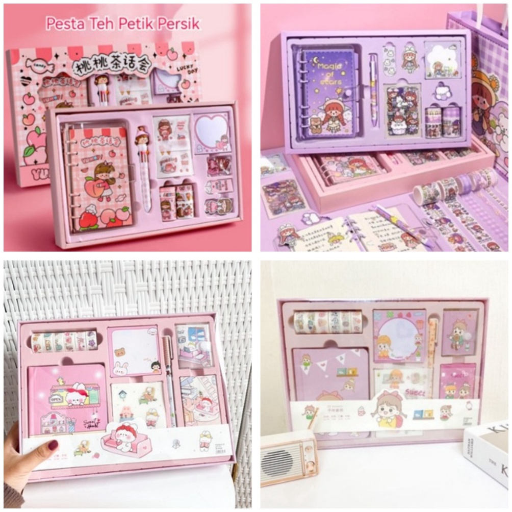 

Disc Paket Jurnal Set Gift Box Hampers anak Hadiah Notebook Journal Diary 6 in 1 Boba Alat Buku Tulis Lengkap Scrapbook Cute Girl Cinnamoroll My Melody Kuromi Kelinci Duffy Cat Sweetheart Cake Shop Import Grosir Ready COD