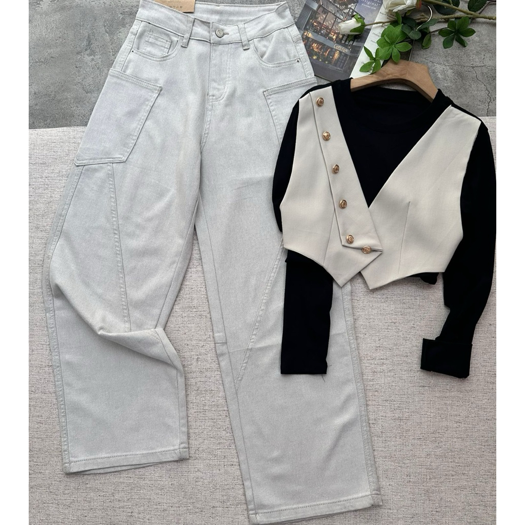 Celana Jeans warna cream/Jeans Barrel BKK/Celana wanita import