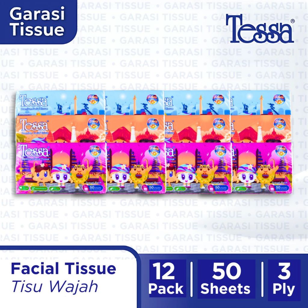 12 Pcs Tissue Travelpack Tessa 50 Sheets x 3 Ply TP-09