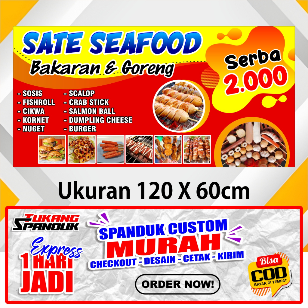 Banner SATE SEAFOOD BAKAR, Spanduk SATE SEAFOOD BAKAR, ukuran 120x60 cm, COD