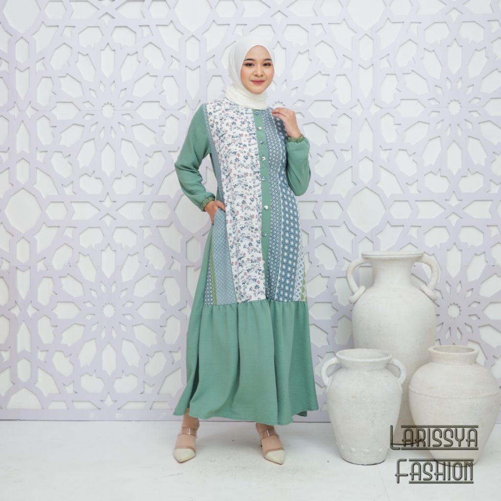 SHAQEENA DRESS GAMIS CRINKLE TERBARU MODEREN KEKINIAN KOMBINASI MOTIF WARNA HIJAU WARDAH BY LARISSYA