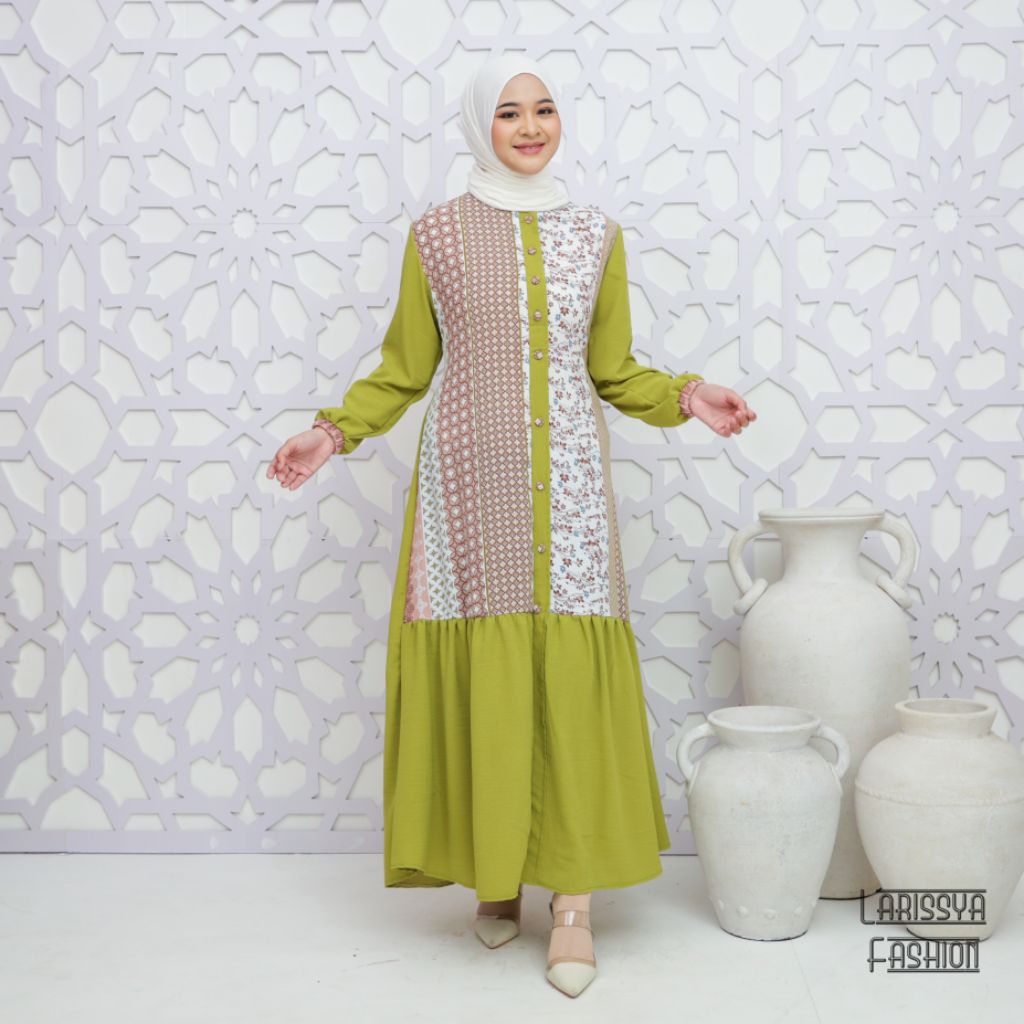 SHAQEENA DRESS GAMIS CRINKLE TERBARU MODEREN KEKINIAN KOMBINASI MOTIF WARNA OLIVE LEMON BY LARISSYA 