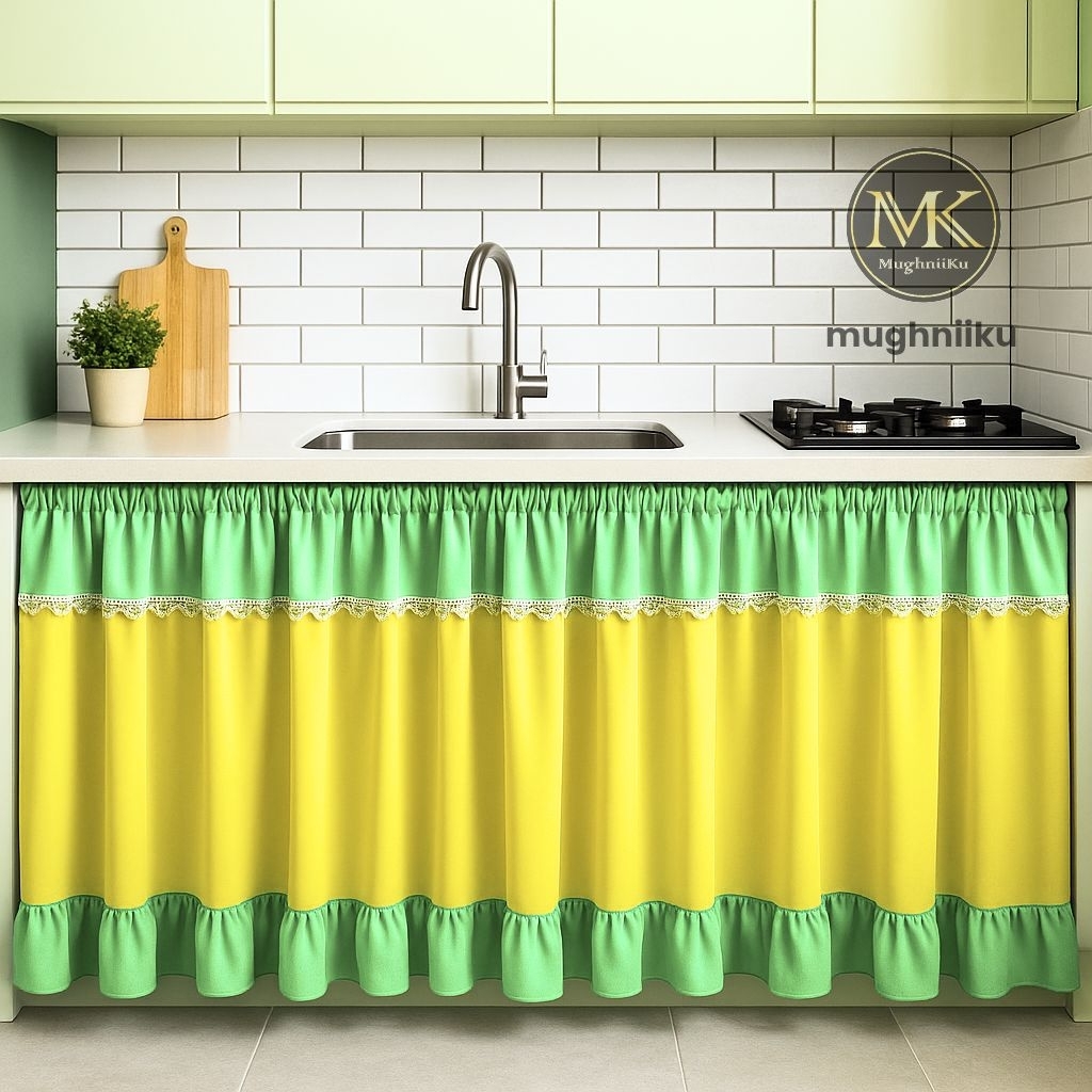 Gorden Kolong Dapur Premium Hijau Polos Renda Mewah