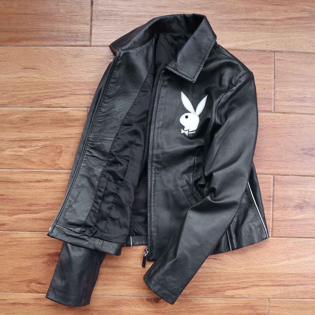 PLAYBOY Jaket kulit asli cewek vintage bergambar slim cewek rare casual wanita jaket motor  emboss p