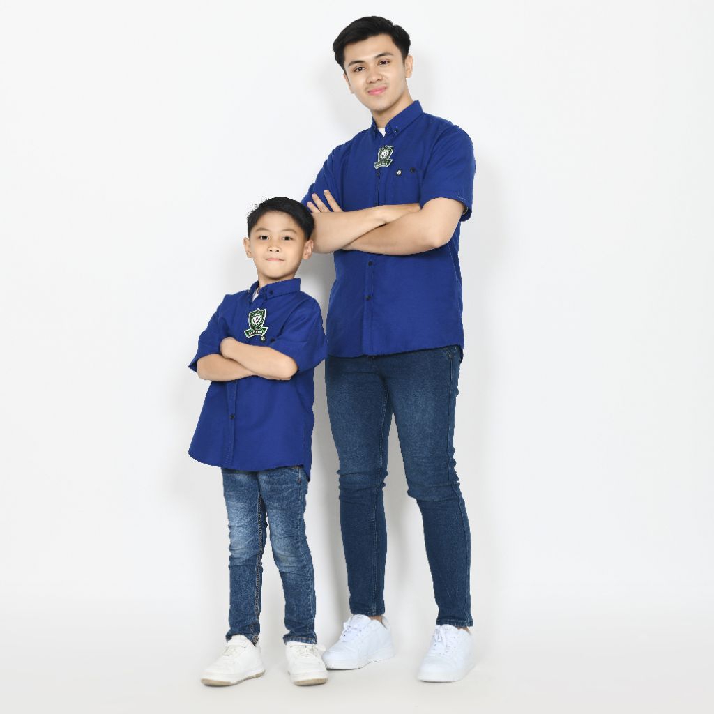 Kemeja Ayah Dan Anak Lengan Pendek Warna Biru Elektrik/Biru BCA Bahan Katun Poplin