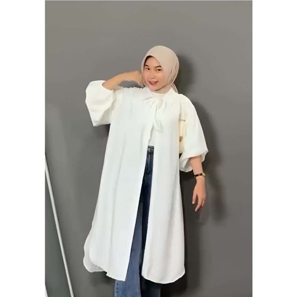 Long Outer Wanita Polo Linen Lengan Balon Nara