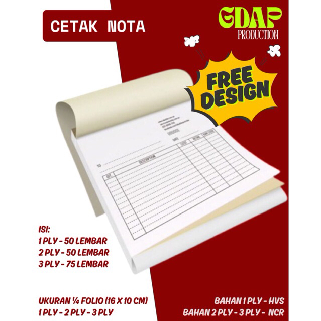 

CETAK NOTA 1/4 FOLIO GRATIS DESAIN - 1 Ply ~ 2 Ply ~ 3 Ply TANPA MINIMAL ORDER
