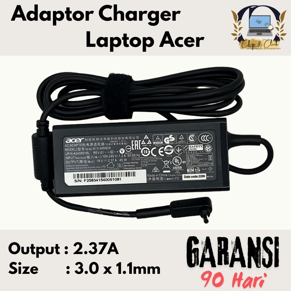 45W Adaptor Charger Acer Chromebook N18Q13 N19H1 N17W6 N17P2 N15V2 2.37a 3011 BERGARANSI
