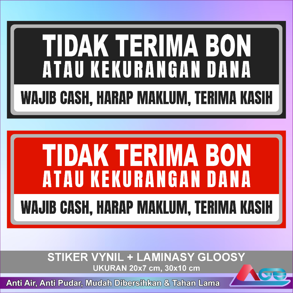 

Stiker Vynil Anti Air Tidak Terima Bon Wajib Cash Laminasi Glossy Sticker Warning Dilarang Hutang