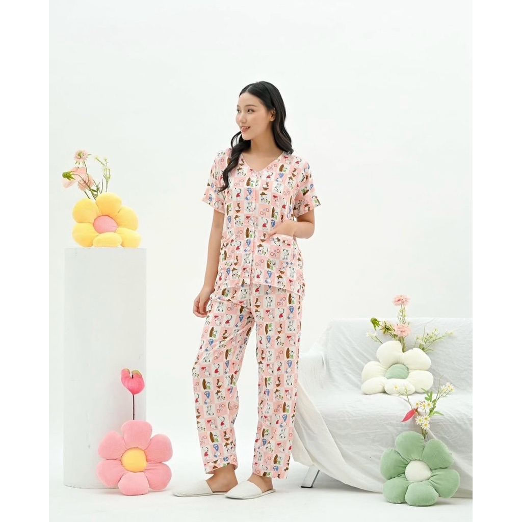 PYJAMAS BY LE ANASTASIA - KIYOWO SET SNOOPY PENDEK PANJANG | Basic piyama set lucu premium rayon piy