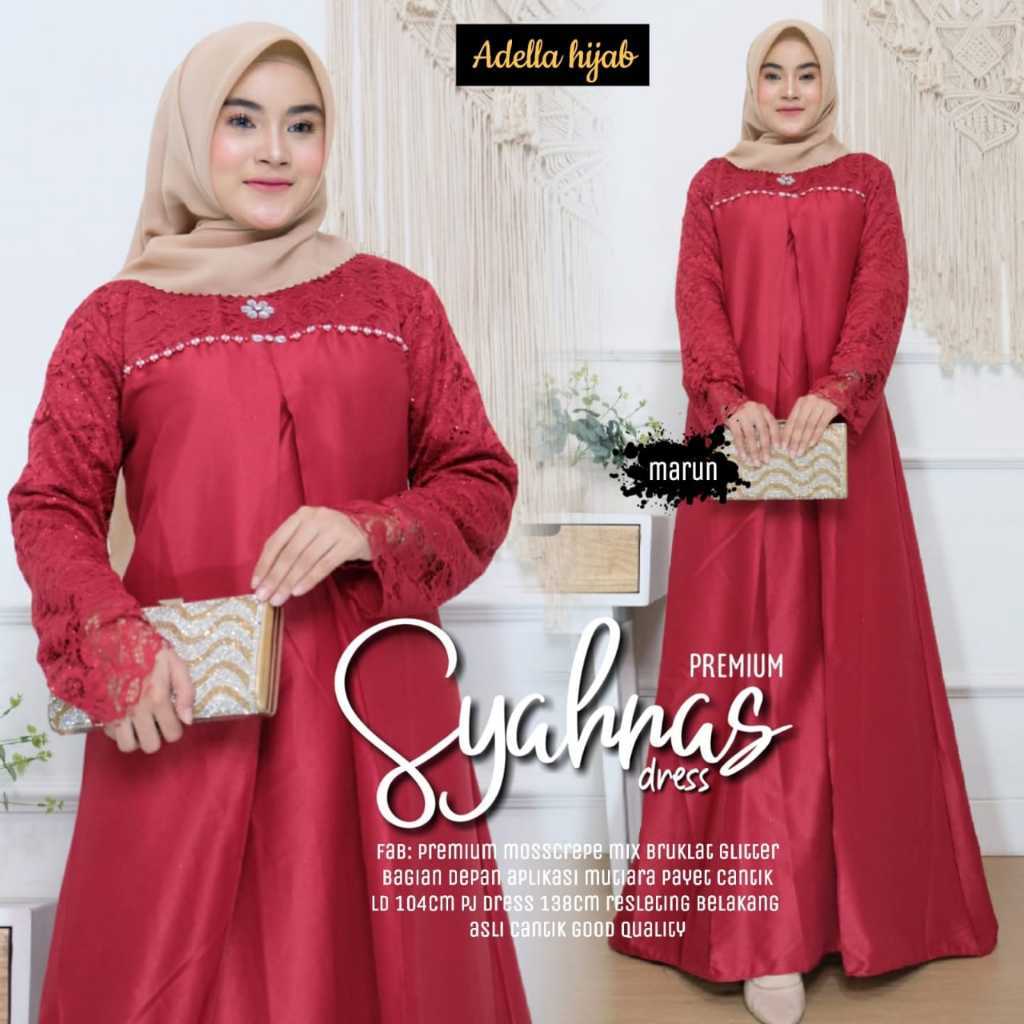 Gamis Lucia Soraya Dress Sati Velvet Premium Mix Brokat Mutiara Baju Muslim Dewasa Remaja Gaun Pesta