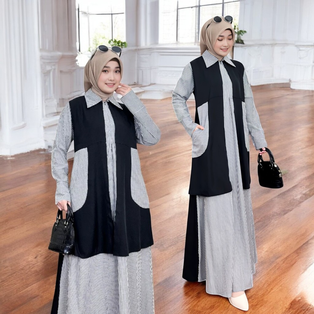 Salsabillah Dress Gamis Hitam Polos Kombinasi Motif Stripe Salur Baju Kondangan Wanita Size M XL XXL