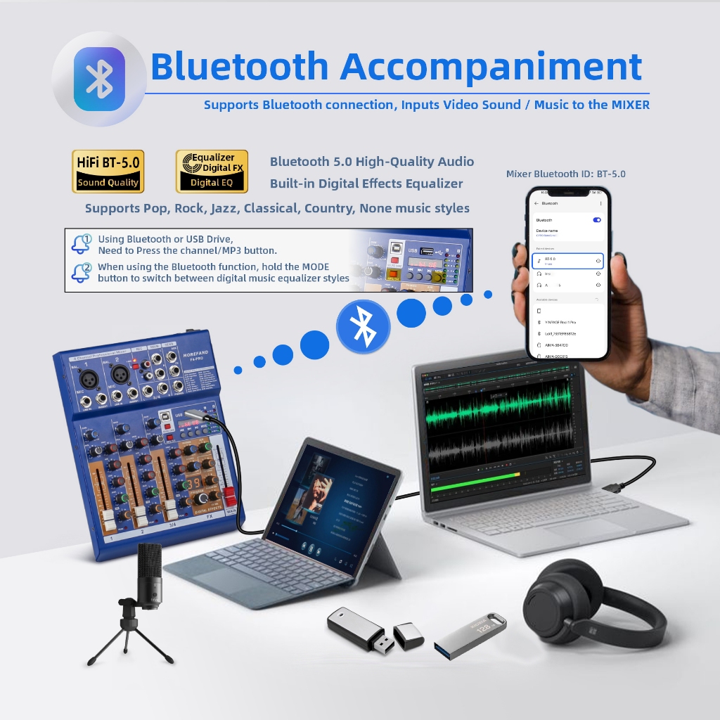 Morefand F7 Pro 4/7 Channel Mixer Audio With Bluetooth/Usb/Pc/Mp3 Support Mixer, Mixer Audio