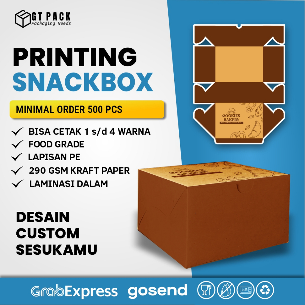 Printing Snack Box Size M | Cetak Custom 1-4 Warna | Eco Kraft Laminasi 290 gsm | Dus Kue Basah / Ke