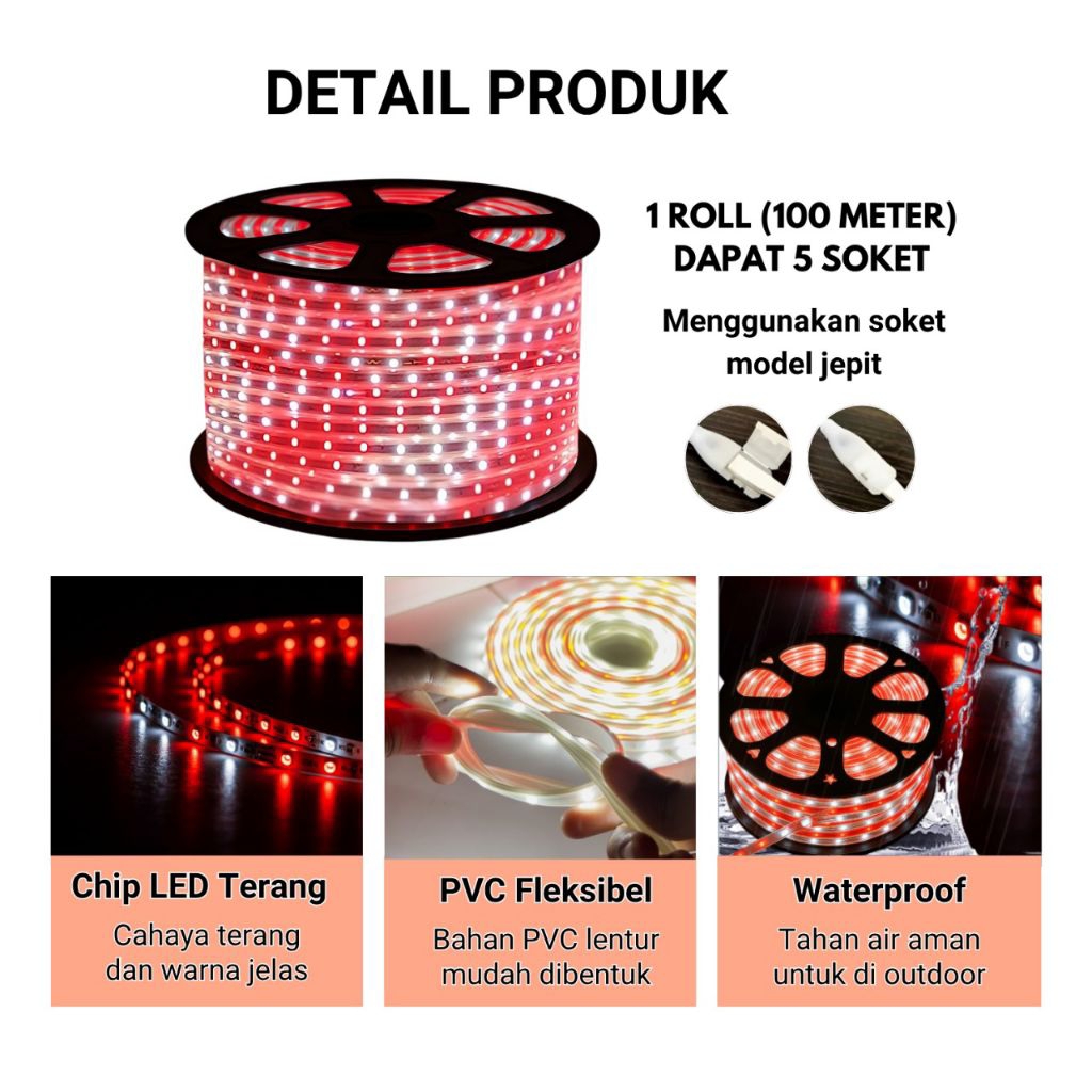 TERBARU Lampu strip merah putih warna warni 1Roll 100 Meter/Led strip Rgb Free Soket/Led Strip