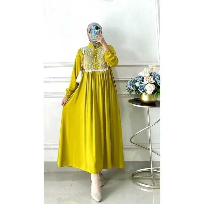 Gamis Yurai Katun Jepang Premium Mix Brukat Mewah Dan Renda Gamis Polos Busui