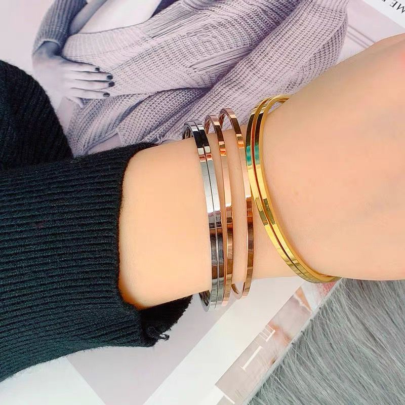 Gelang Tangan Keroncong Titanium Cantik Model Bulat Bracelets Perhiasan Anti Luntur Dan Berkarat Fas