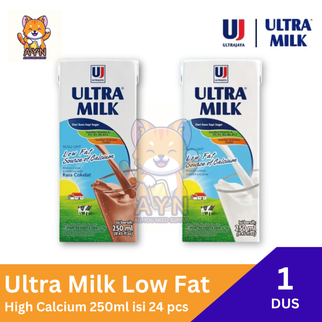 

Susu Ultra Milk Low Fat 250 ml Plain | Cokelat [ 1 dus isi 24 pcs ]