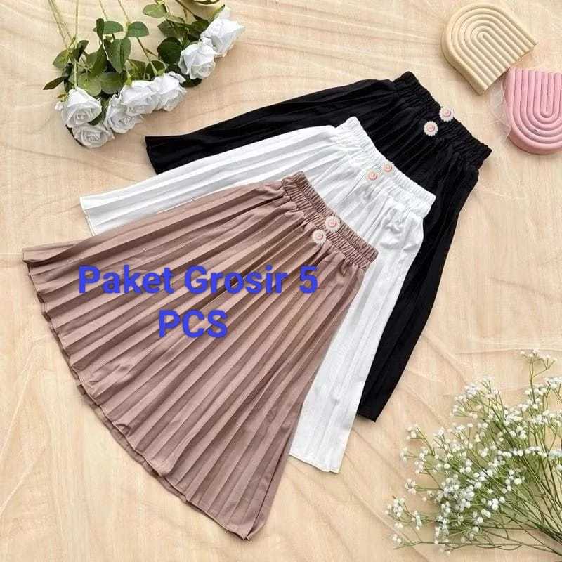 Paket Grosir 5 PCS Rok Panjang Plisket Payung Anak 4-12 thn Polos Pleated Skirt Muslim