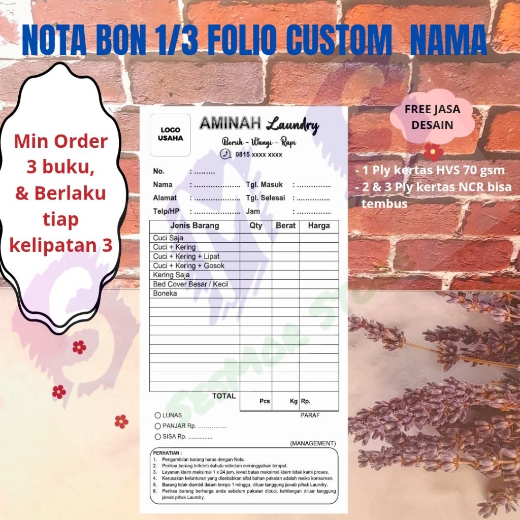 

CETAK NOTA LAUNDRY CUSTOM NAMA LAUNDRY 1/3 Folio