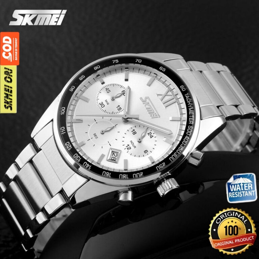 Jam Tangan Pria Rantai Stainless Analog Anti Air 30M SKMEI 9096 ORI Cowok Cowo ORIGINAL Elegan Casua