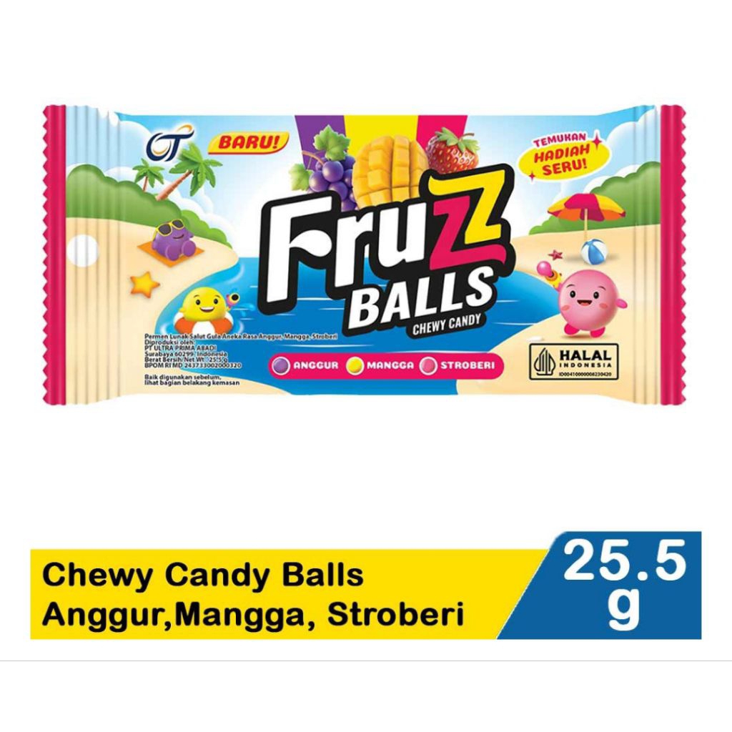 

Fruzz chewy candy balls anggur, mangga, stroberi 25.5G