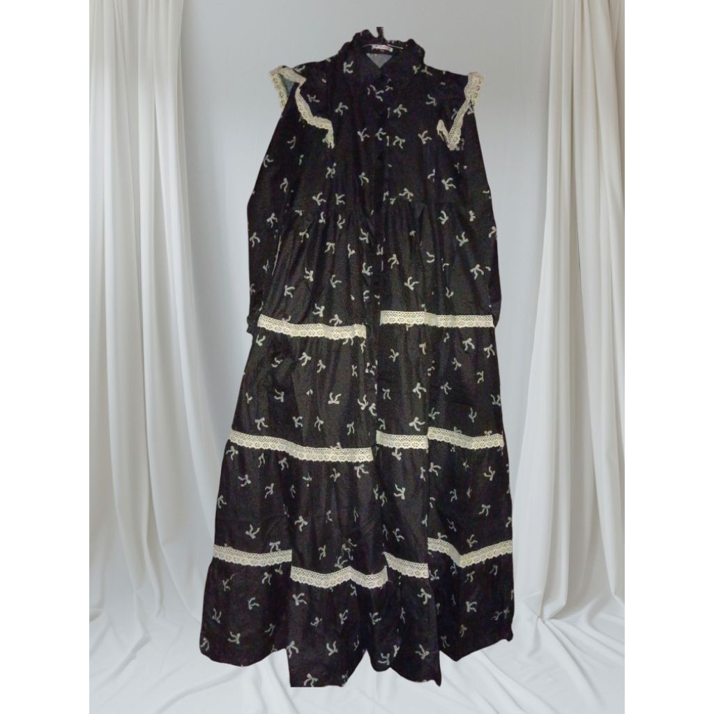 longdress gamis rempel susun mewah kerah renda pita