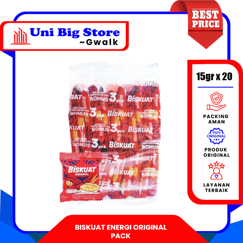 

BISKUAT ENERGI ORIGINAL BISKUIT SUSU SACHET RENCENG - (15.2 gr x 20 pcs)