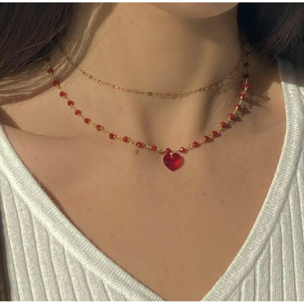 kalung liontin merah love/kalung wanita merah korea/ kalung aesthetic wanita Korea