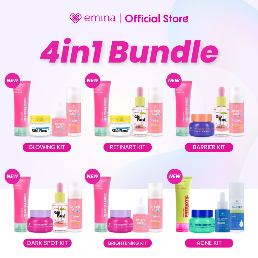 Emina 4pcs Bundle 4in1 Paket skincare Moisturizer Serum Face Wash - GLOWING KIT ACNE KIT Dark Spot B