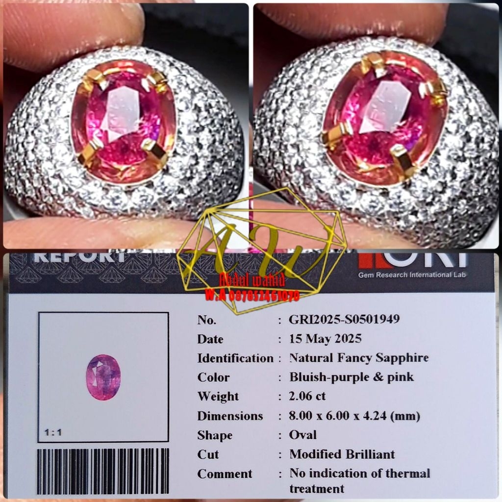 NATURAL FANCY SAPPHIRE NO HEATED 2.06CARAT COLOR PINK PURPLE BLUE FULL LUSTER