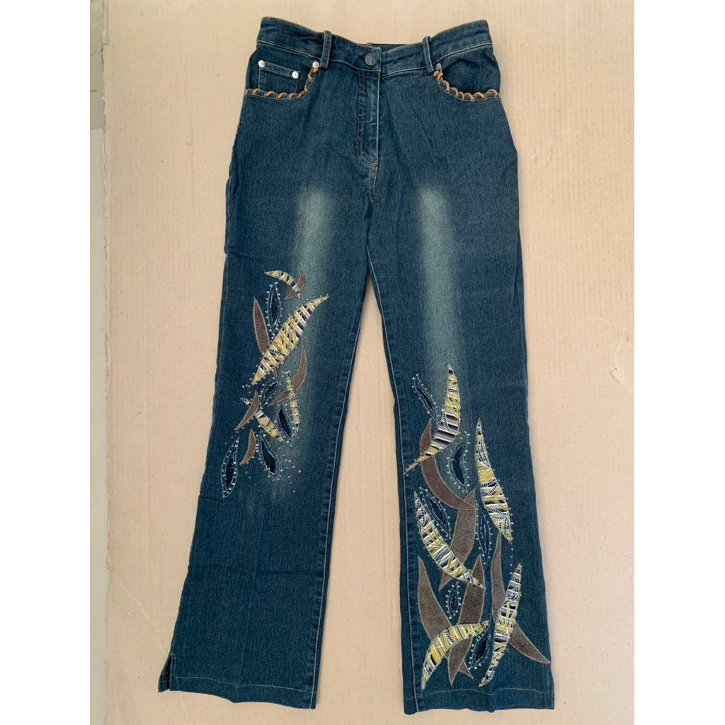 CELANA PANJANG WANITA DENIM/JEANS FEMINIM HIAS RENDA DAUN GOLD