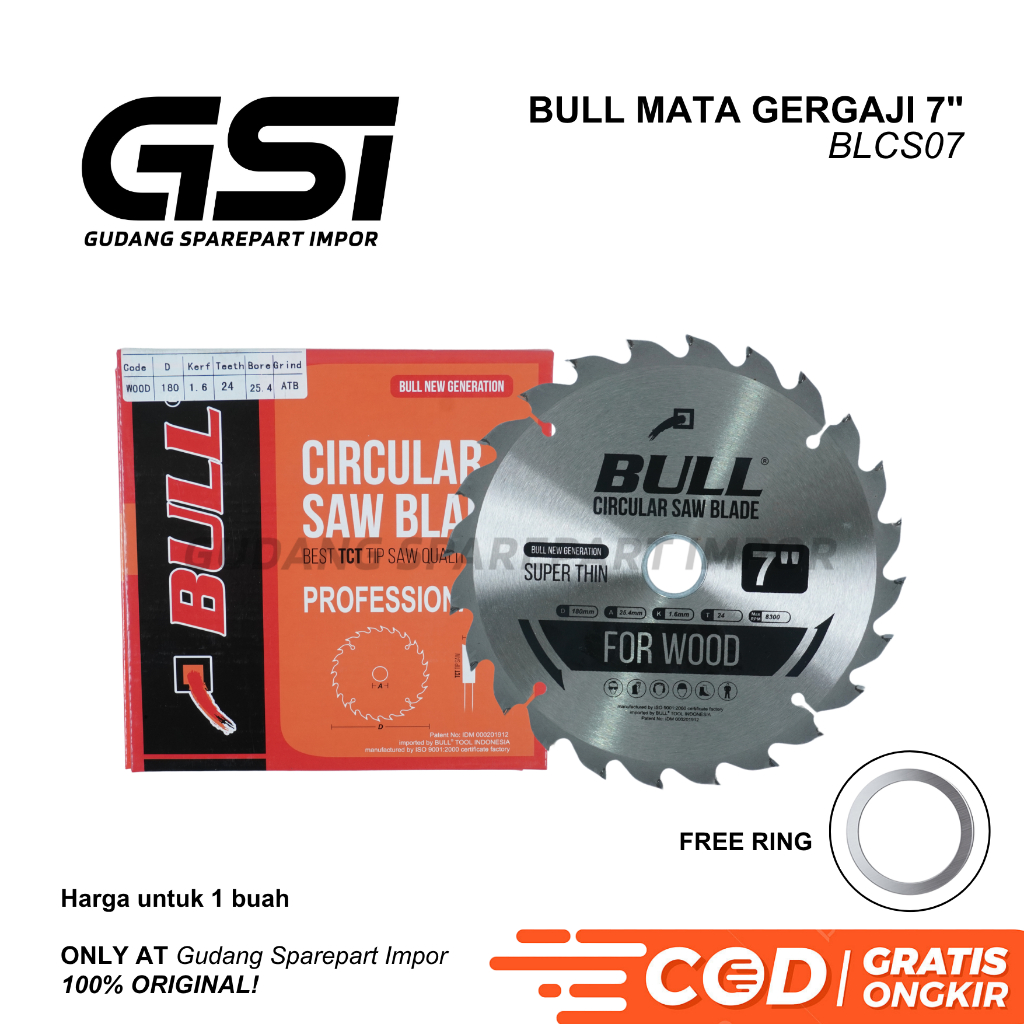 BULL Mata Gergaji Kayu 7 inch Super Tipis / Circular Saw Blade Super Thin 7" BLCS07